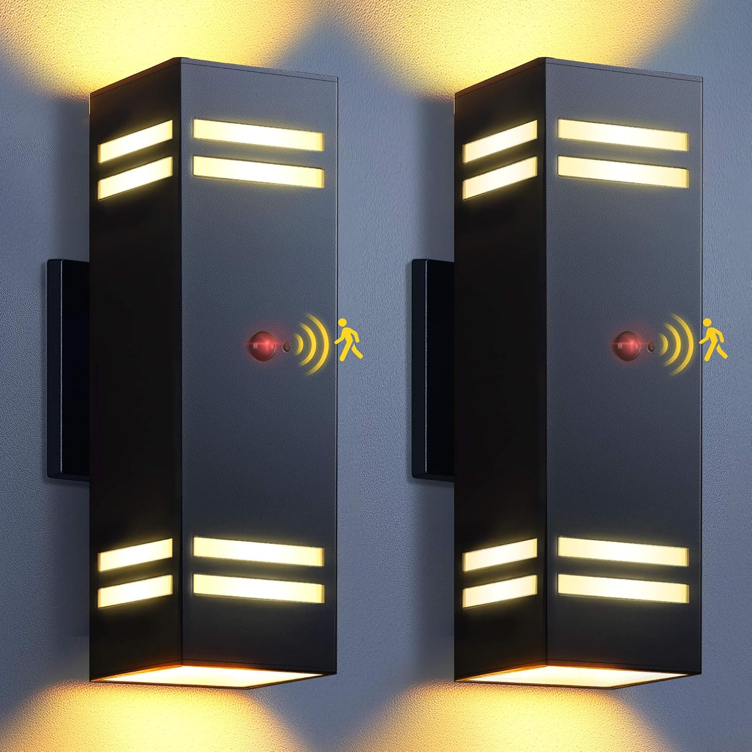 KIZON Motion Sensor Outdoor Lights 2 Pack, Dusk to Dawn Outdoor Wall Lights Black Exterior Lighting Fixtures with E26 Base, Modern Sconce Motion Detector Lights for House Porch