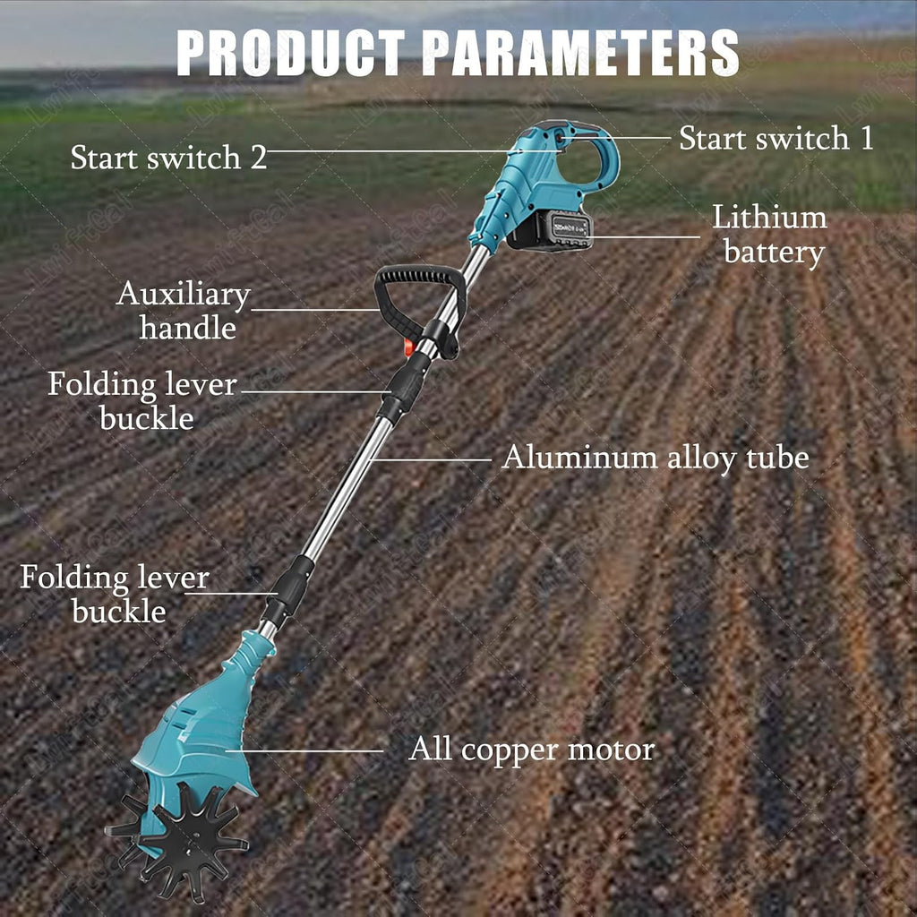21v Cordless Tiller Cultivator, Gardening Tillers with 270RPM, 1 or 2 Battery Set, 20cm Width 25cm Depth, Portable for Lawn Garden Small Space Red-DualBlades-2batteries