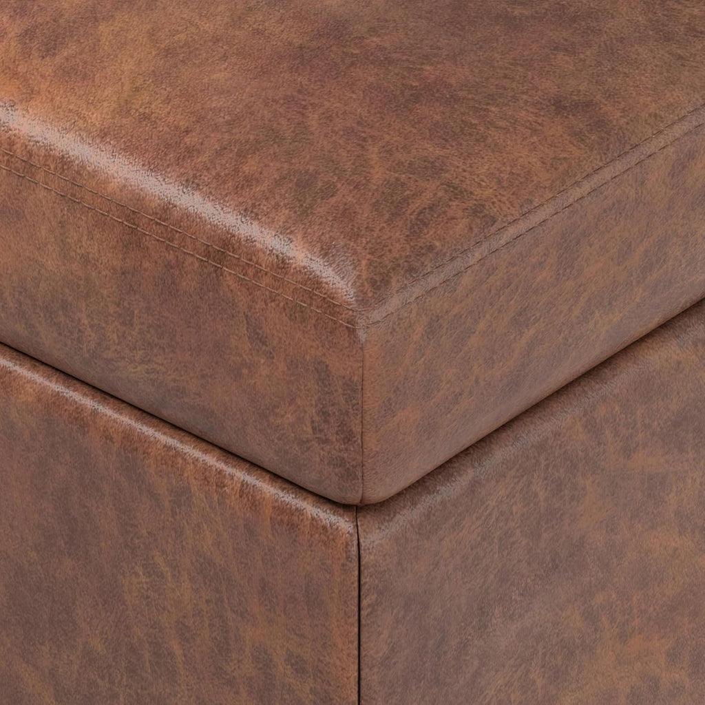 SIMPLIHOME Oregon Storage Ottoman Bench with Tray - 42 inch Wide Vegan Leather Rectangle Storage Ottoman Bench in Distressed Saddle Brown, Transitional Tufted Ottoman for Living Room with Lift-Up Lid