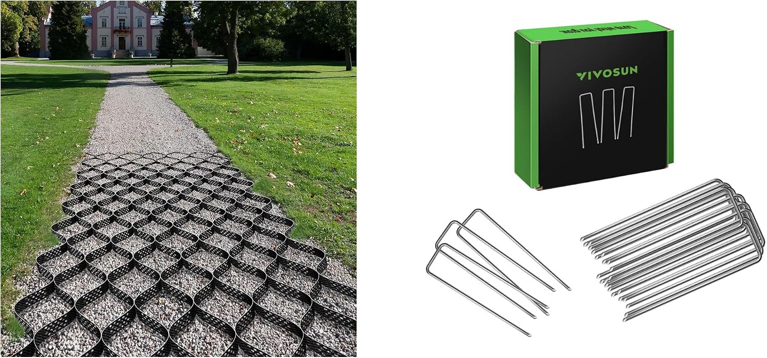 VIVOSUN 3'' Depth Ground Grid and 6 Inch 100-Pack Landscape Staples, Galvanized Steel Garden Stakes 11 Gauge U-Shaped Pins for Weed Barrier Fabric, Soaker Hose, Holding Fence