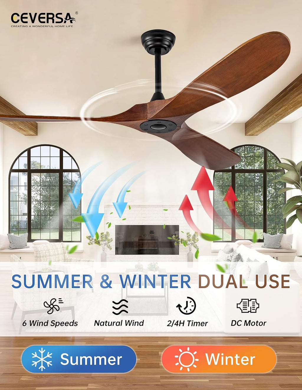 60 Inch Outdoor Ceiling Fan no Light,Solid Wood Ceiling Fan Without Lights with Remote/Wall Control,Large 3 Blades Walnut Propeller for Patio,Porch,Living Room,Bedroom,Farmhouse