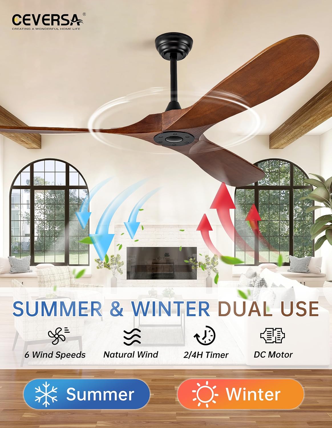 60 Inch Outdoor Ceiling Fan no Light,Solid Wood Ceiling Fan Without Lights with Remote/Wall Control,Large 3 Blades Walnut Propeller for Patio,Porch,Living Room,Bedroom,Farmhouse