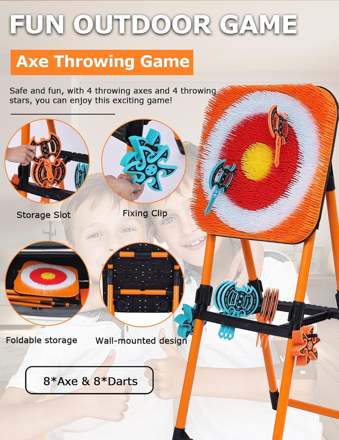 Axe Throwing Game for Backyard - 8 Throwing Axe & 8 Throwing Stars,24' Target,Yard & Outdoor Games for Adults and Family (Orange)