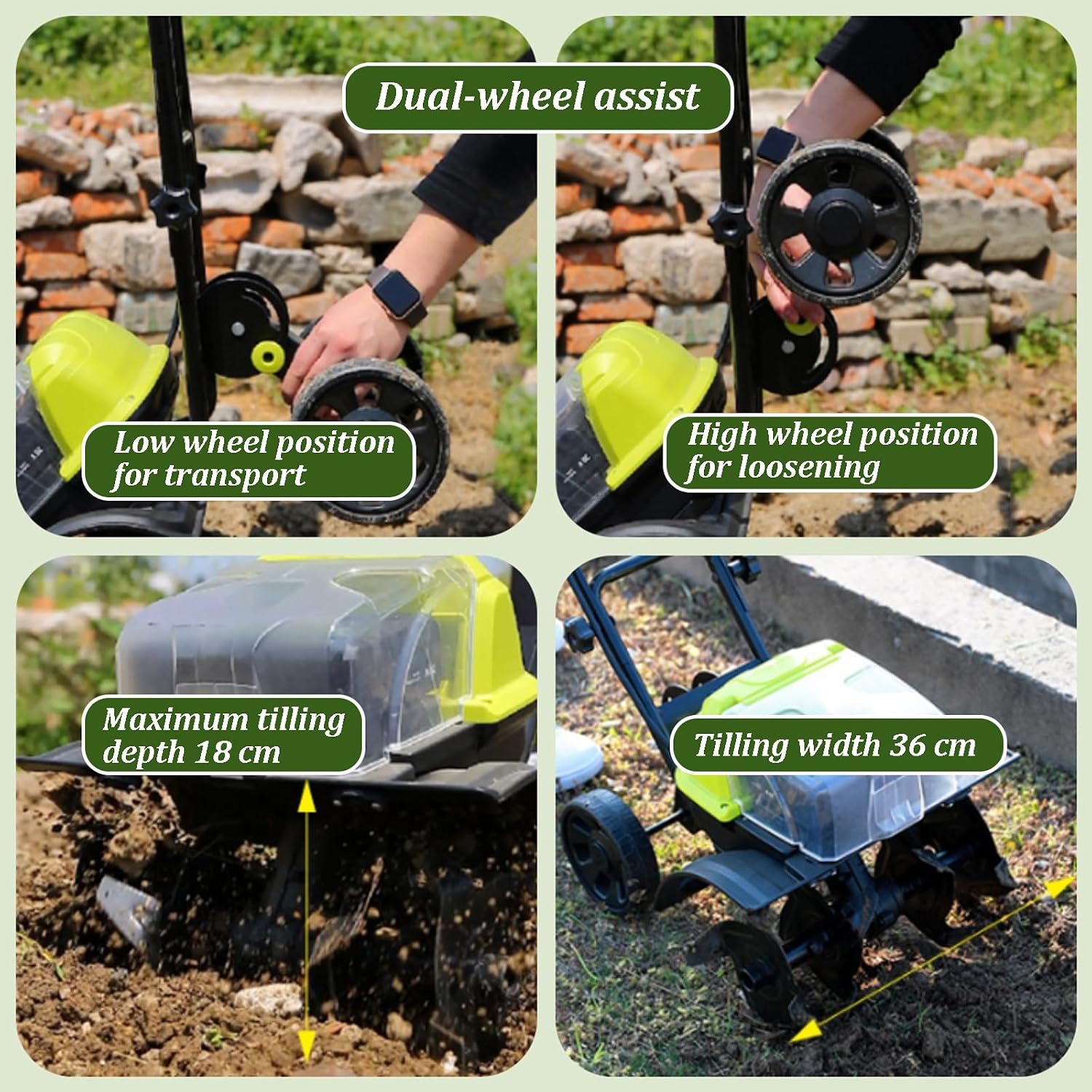 Garden Rototiller, Cordless Tiller Cultivator with Dual-Assist Wheel, Full Gear Drive, Dual Lithium Battery Life, Powerful Soil Cultivator for Orchard Vegetable Patch