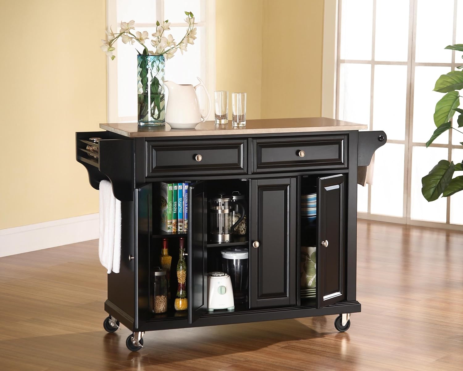Crosley Furniture Full Size Stainless Steel Rolling Kitchen Island Storage Cart, Microwave Stand, Spice Rack, Black