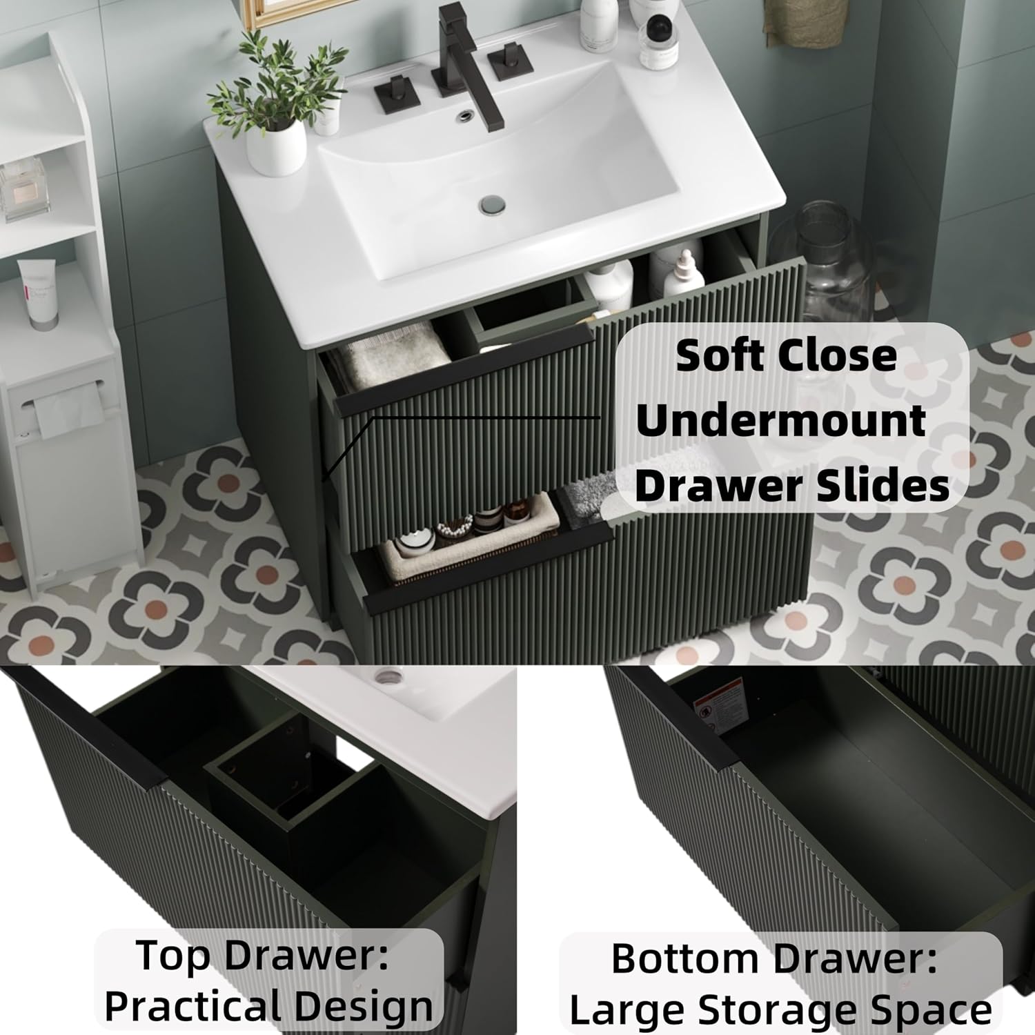 Christopher Knight Home Byron 30' Bathroom Vanity with Sink, Modern Freestanding Bathroom Sink Cabinet with Drawer, Undermount Vanity Sink Cabinet, Bathroom Storage Cabinet with Sink Combo Set, Green