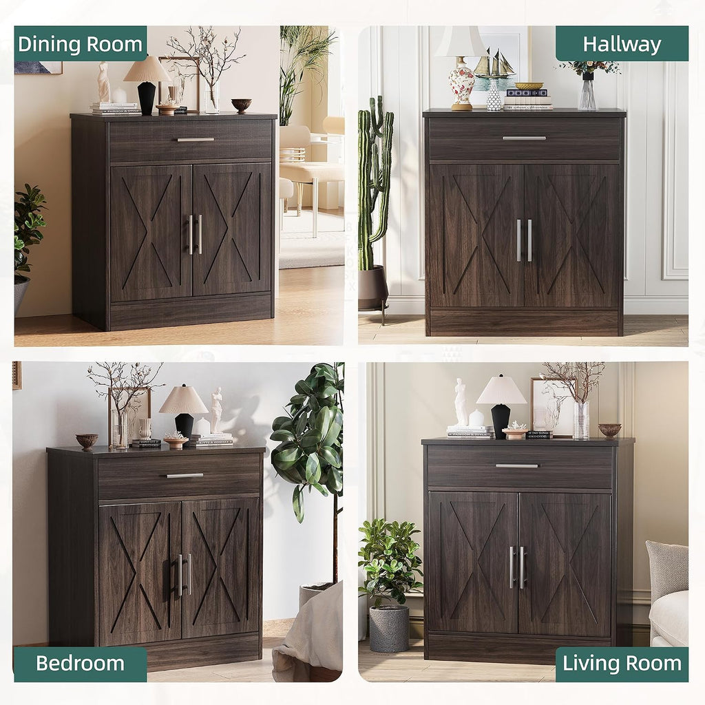 Shintenchi Farmhouse Storage Cabinets with Doors and Shelves,Kitchen Barn Door Storage Cabinet with Drawers,Coffee Bar Cabinet Buffest Sideboard for Dining Living Room,Bathroom,Entryway,Dark Brown