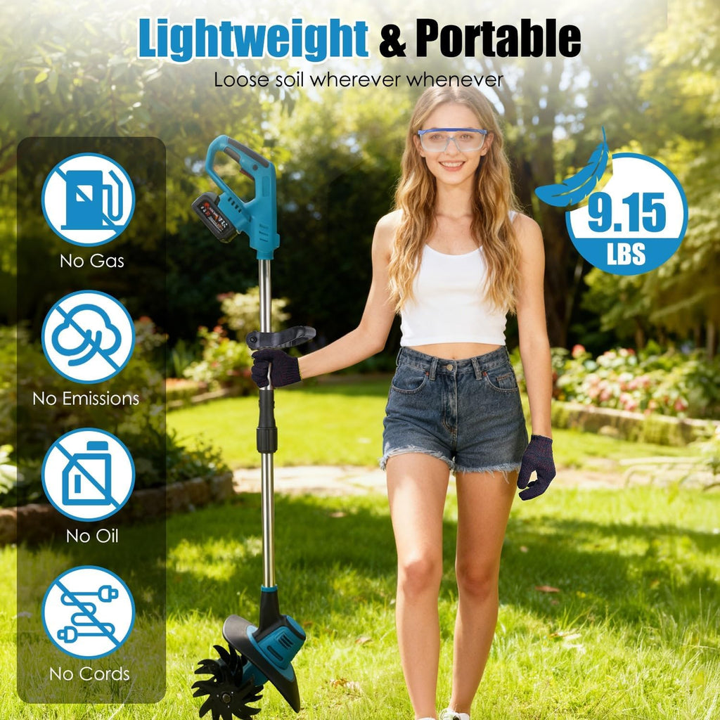 800W 21V Cordless Tiller Cultivator 3.0Ah Battery Powered Electric Garden Tiller Portable Rotary Tiller with 8.66' Width 6.69' Depth Manganese Steel Tines for Soil Cultivation Weeding Gardening