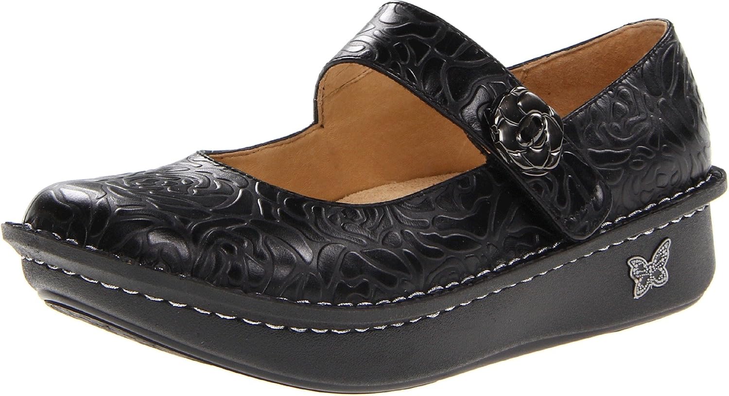 Alegria Women's Paloma Mary Jane Nurse Shoe Clogs Comfort Leather Black Embossed Rose 5 M US