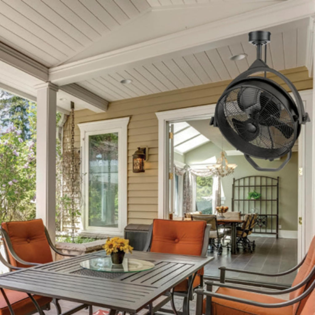 MULE Rugged Outdoor 18' Inch Fan, Dual Height Ceiling Mounting options, Standard 3-prong plug, 360-deg + up/down adjustable direction, 3-speeds, High Flow, 8 ft cord, Damp rated, Black Matte, 52008-5