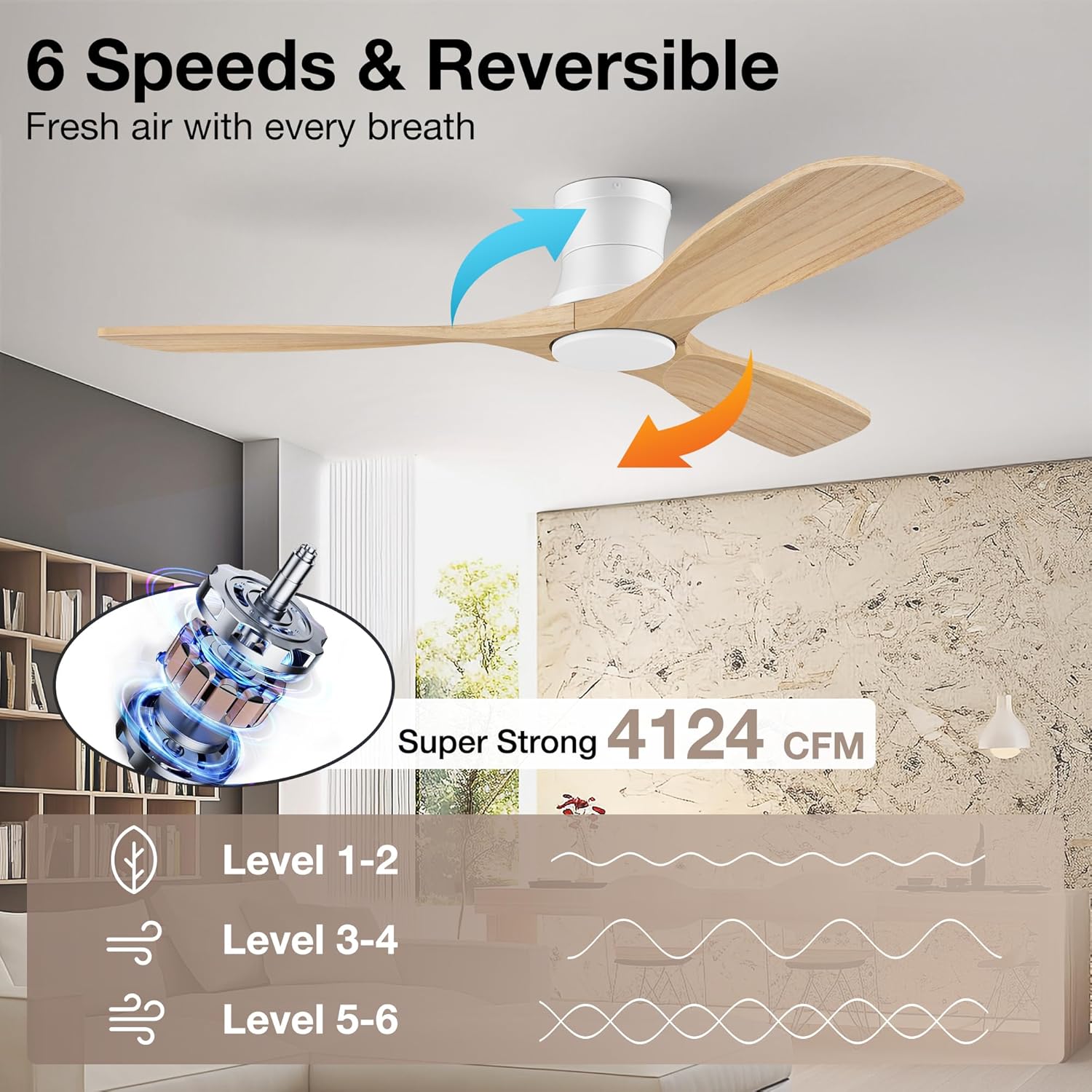 52' Wood Ceiling Fans with Lights Remote,Low Profile Flush Mount Ceiling Fan with Light,Outdoor Indoor Modern Ceiling fans for Bedroom Living room Patio,Light Wood&White,3 Blades,Dimmable LED,Quiet