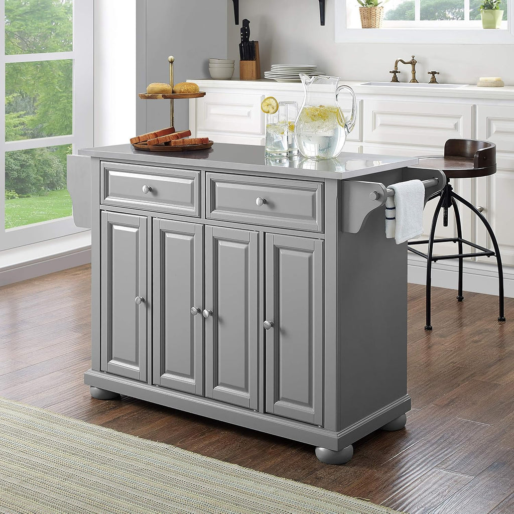 Crosley Furniture Full Size Stainless Steel Rolling Kitchen Island Storage Cart, Microwave Stand, Spice Rack, Gray