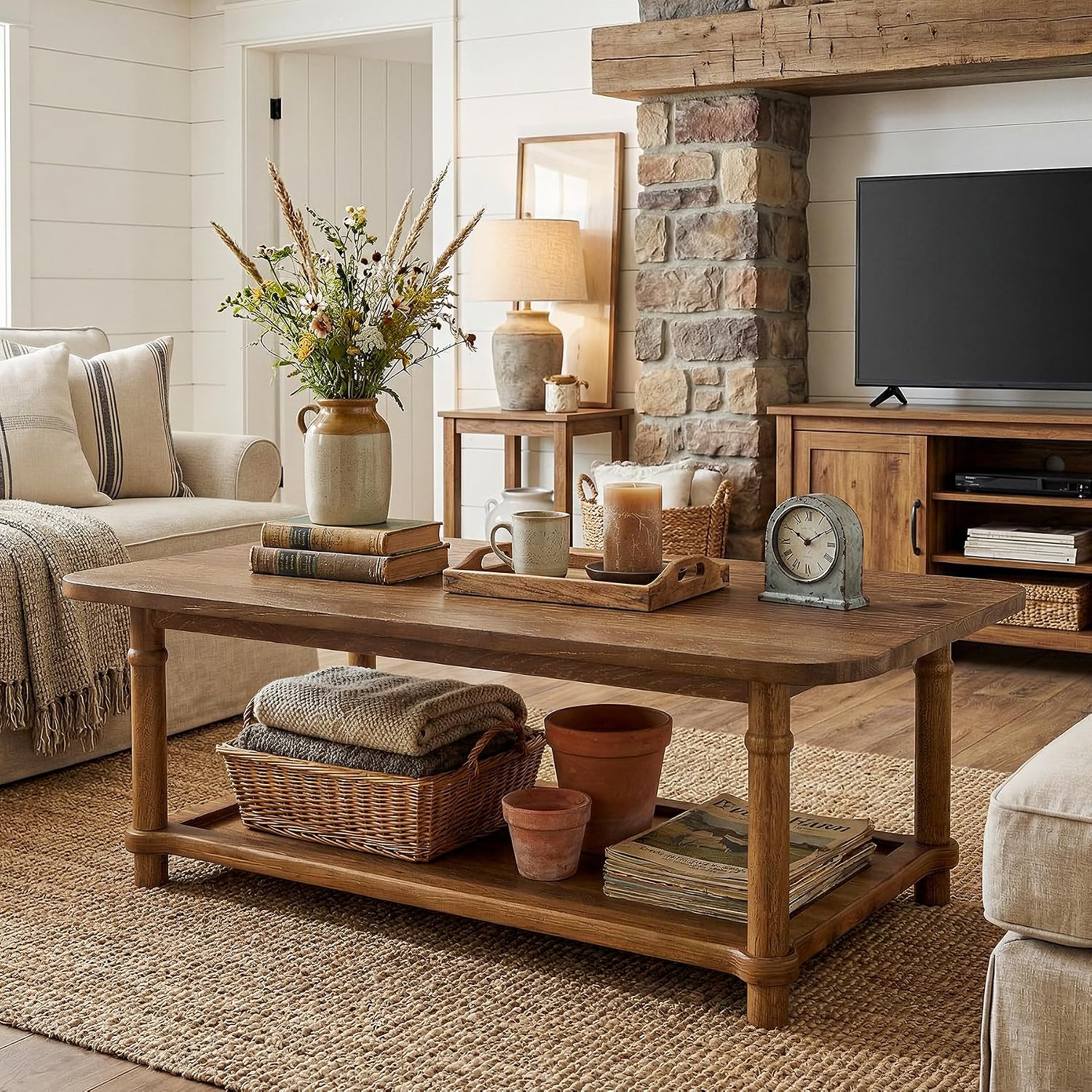 47' Rectangle Coffee Table, Solid Wood Center Table with 2-Tier Storage, Modern Farmhouse Coffee Furniture for Living Room, Home & Family Room, Natural Brown
