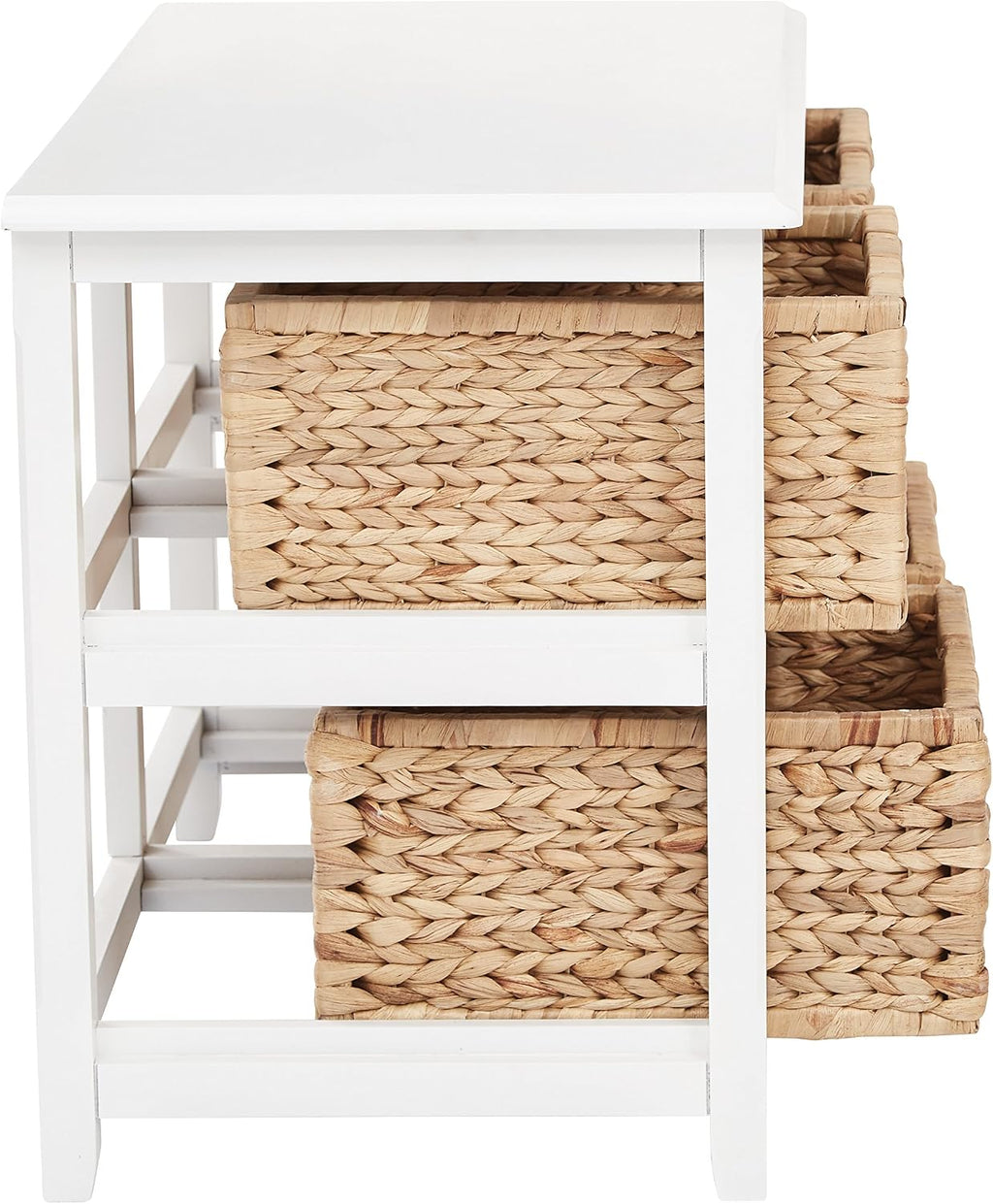 OSP Home Furnishings Seabrook Storage Tower with Solid Wood Frame and Natural Baskets, 2-Tier, 4-Drawer, White Finish