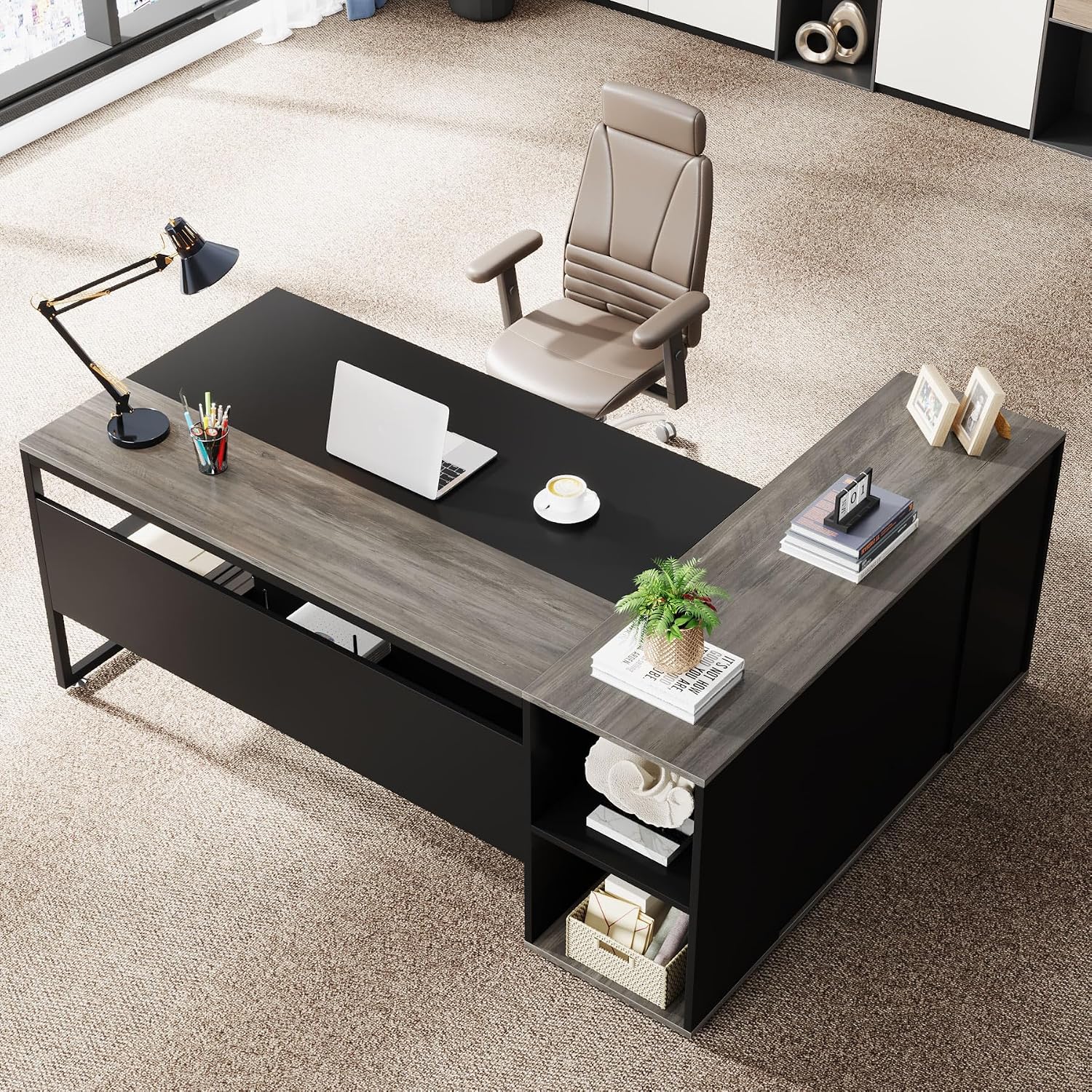 LITTLE TREE Large Executive Desk with File Cabinet, 71 inch L Shaped Computer Desk Office Desk with Drawers and Storage Shelves, Business Furniture Desk Workstation for Home Office, Grey