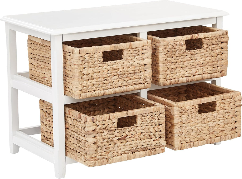 OSP Home Furnishings Seabrook Storage Tower with Solid Wood Frame and Natural Baskets, 2-Tier, 4-Drawer, White Finish