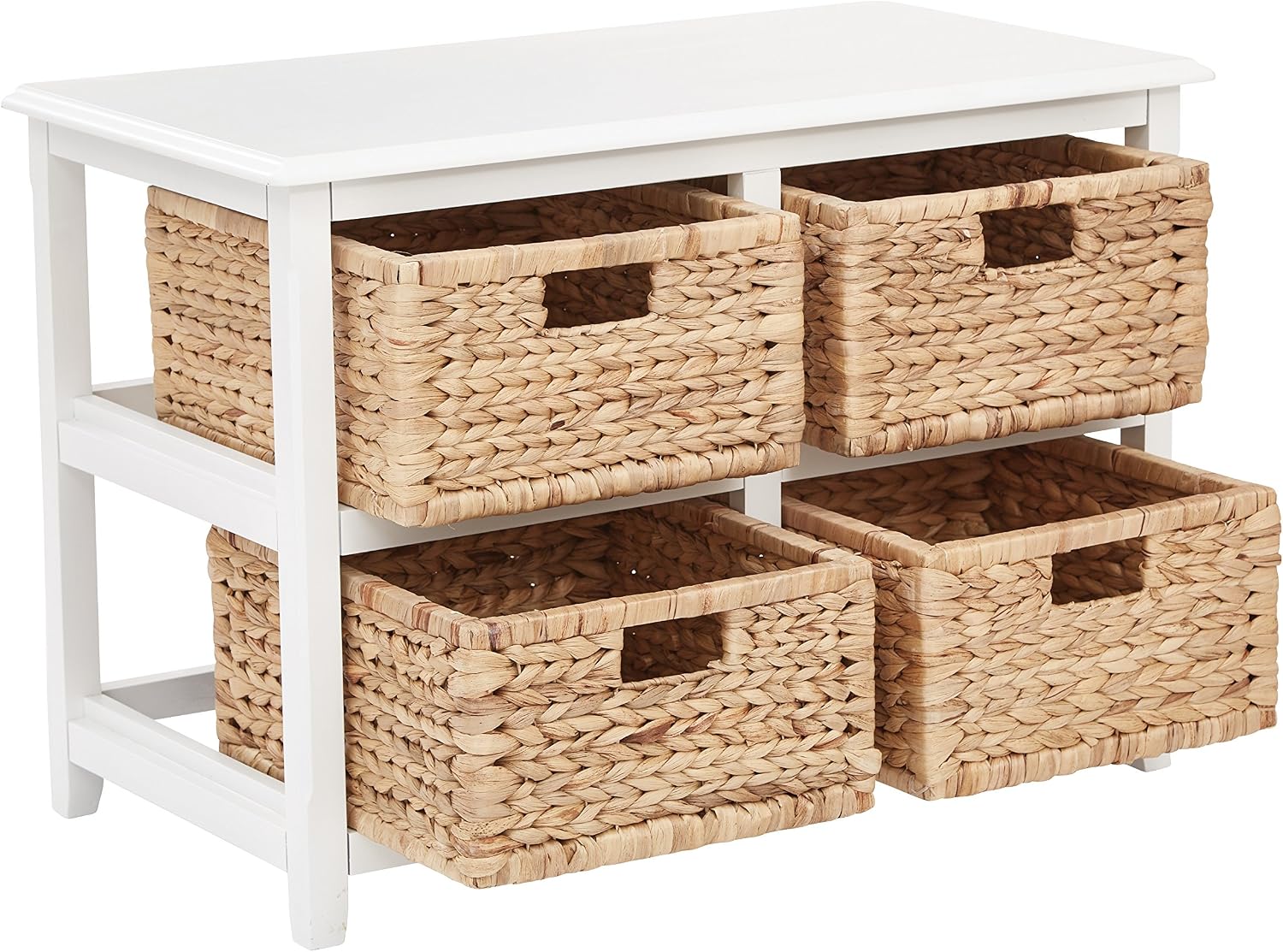 OSP Home Furnishings Seabrook Storage Tower with Solid Wood Frame and Natural Baskets, 2-Tier, 4-Drawer, White Finish