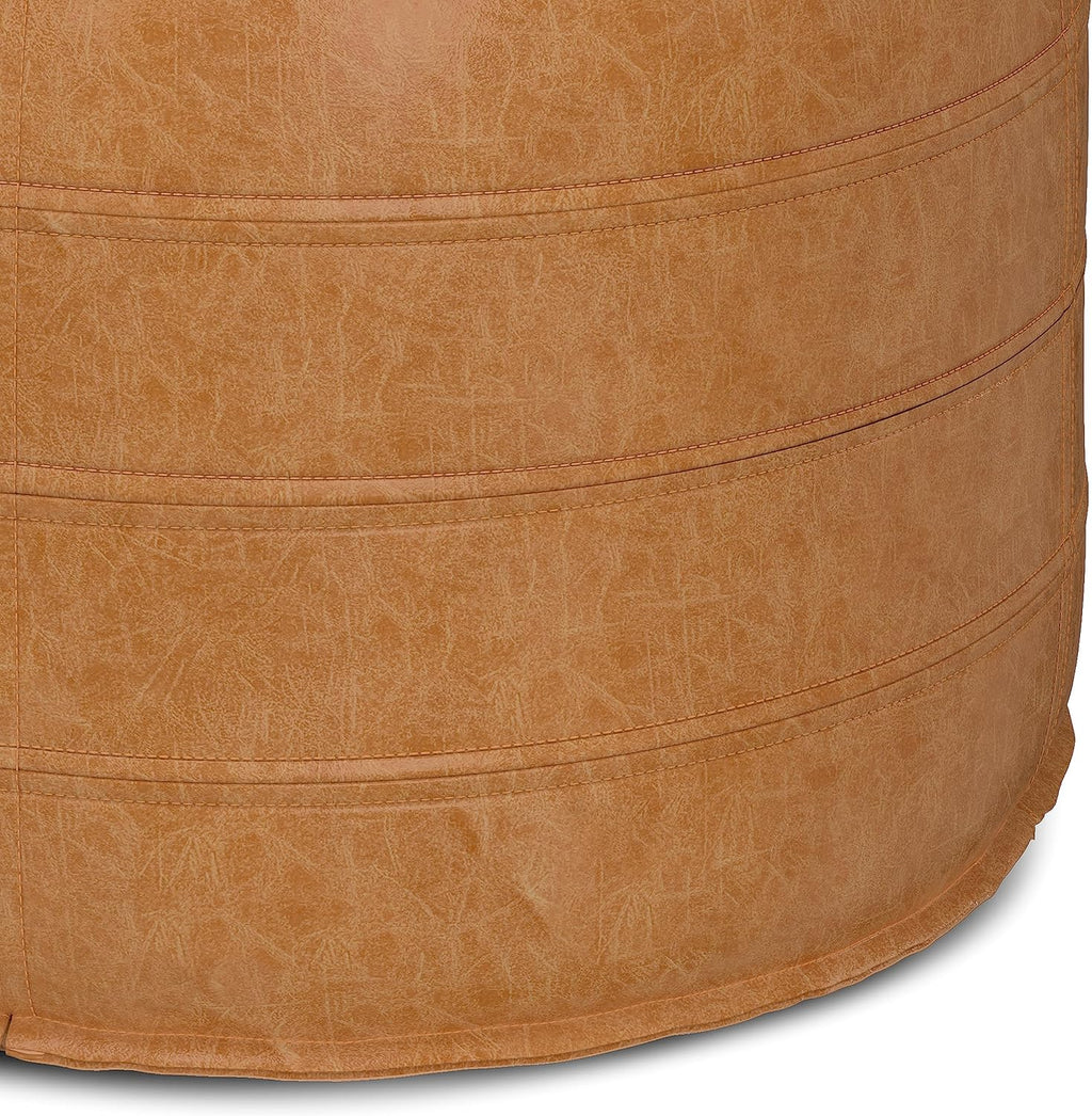 SIMPLIHOME Brody Round Pouf - 20 inch Wide Upholstered Vegan Leather Ottoman in Distressed Brown, Boho Footstool or Extra Seating for Living Room or Bedroom with Polystyrene Filling, Assembled