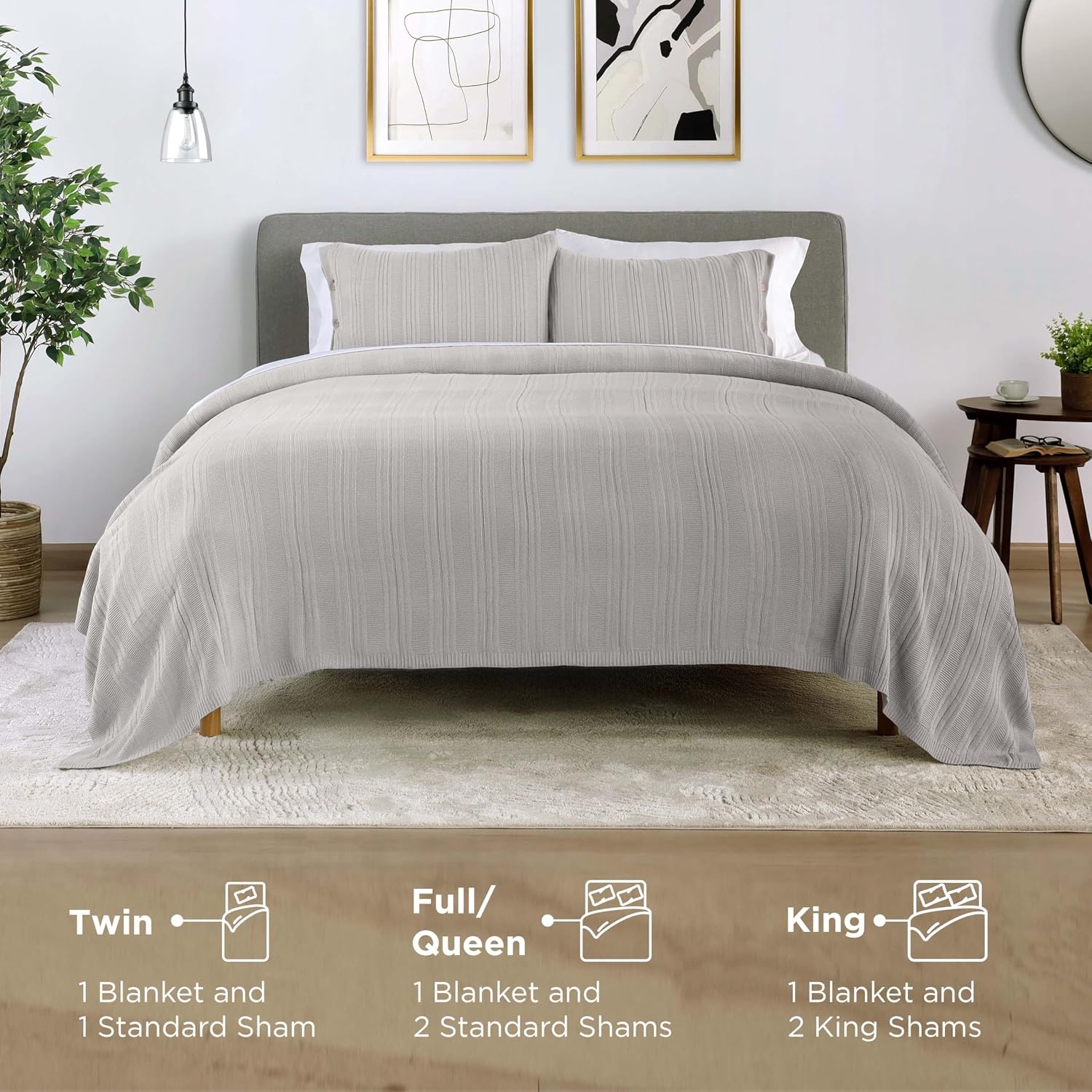 Vellux Malmo 3-Piece Blanket Set – Full/Queen Size – Striped Knit – Lightweight – All-Season Throw Blanket – House Decor – for Sofa, Bed, and Couch – Supersoft Apartment Essentials – Light Gray