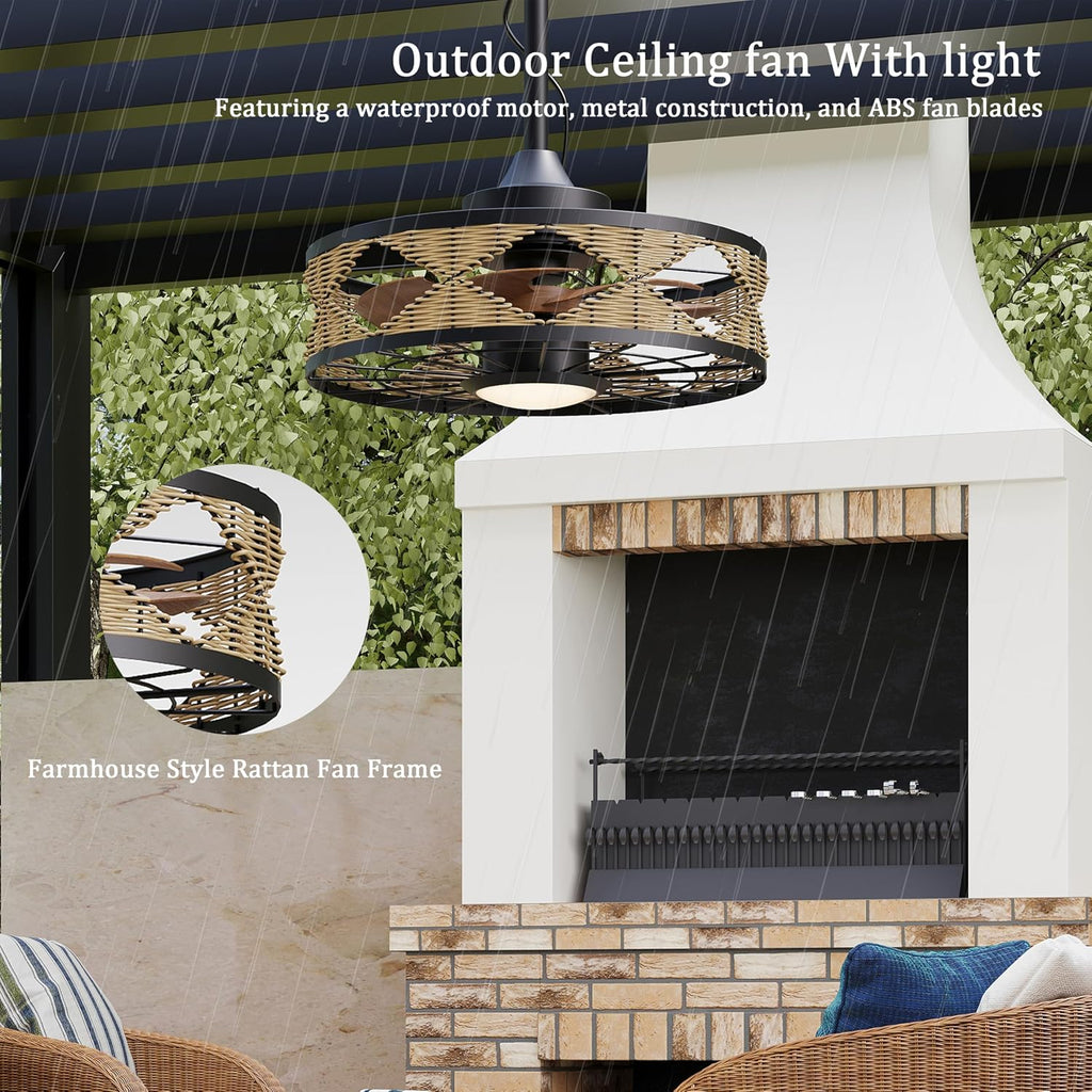 Boho Outdoor Ceiling Fans for Patios, 20 Inch Waterproof Plug In Ceiling Fan with Light, 3CCT, Rattan Caged Gazebo Fan Light with Remote and App Control, 6 Speed Reversible for Pergola, Porch, Indoor