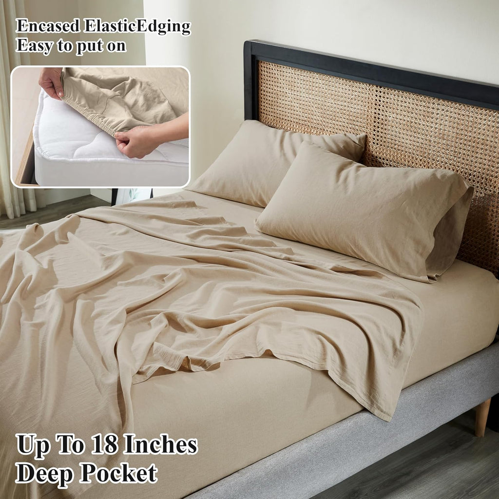 Superior Cotton Linen Blend Sheet Set, Bedsheets for Home Decor, Modern Solid Bedding Includes 1 Oversized Fitted Sheet, 1 Flat Sheet, 2 Pillowcases, Bedroom Essentials, Queen Size, Tan