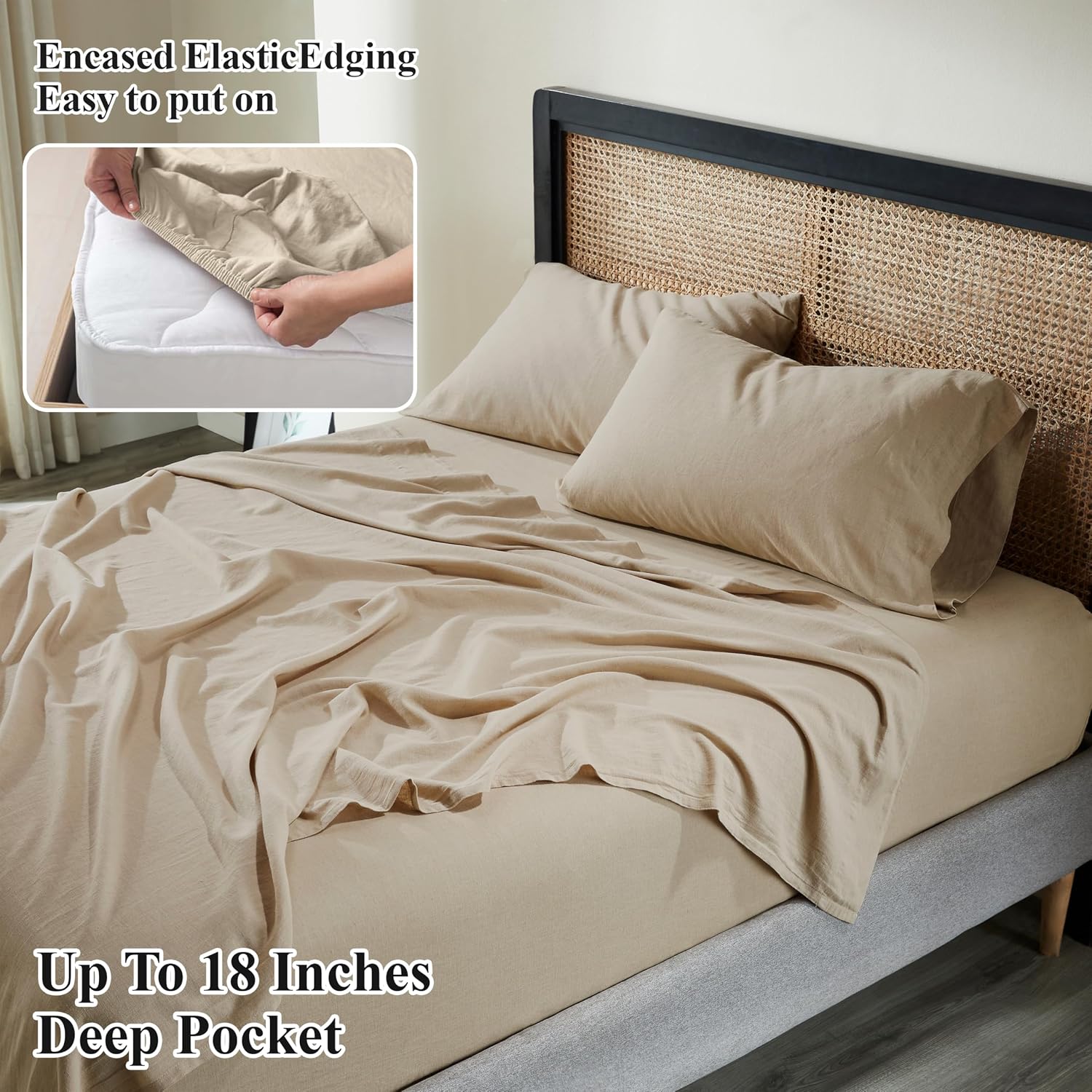 Superior Cotton Linen Blend Sheet Set, Bedsheets for Home Decor, Modern Solid Bedding Includes 1 Oversized Fitted Sheet, 1 Flat Sheet, 2 Pillowcases, Bedroom Essentials, Queen Size, Tan