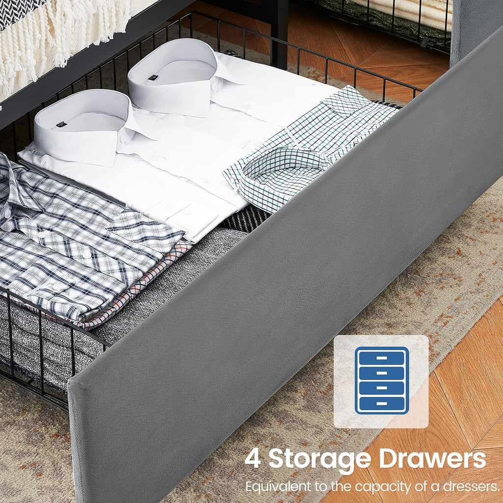 Queen Size Platform Bed Frame with Storage - 4 Drawers & Charging Station, Velvet Upholstered Headboard with Shelf, Sturdy Metal Frame, No Box Spring Needed, Luxury Bedroom Furniture for Modern Homes