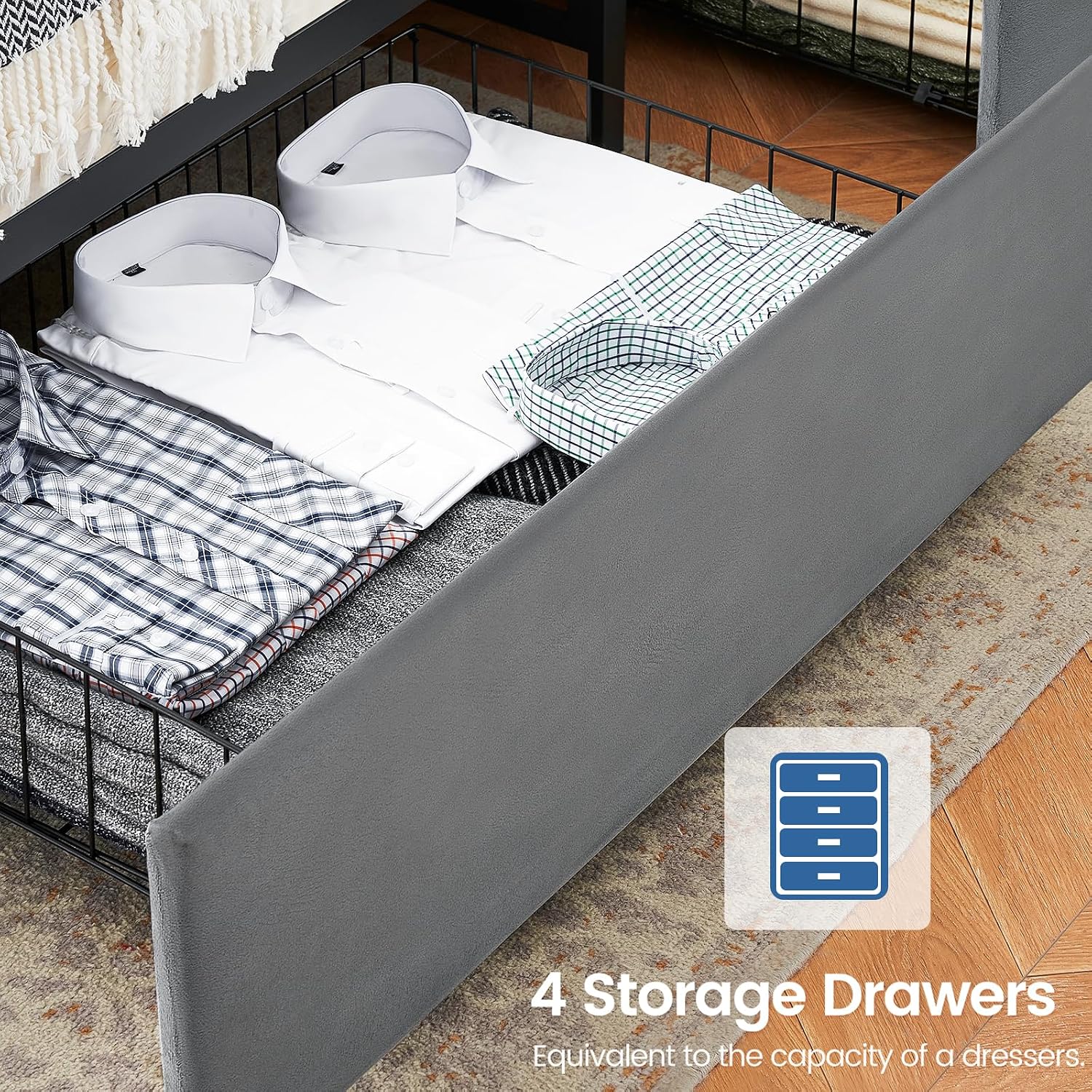 Queen Size Platform Bed Frame with Storage - 4 Drawers & Charging Station, Velvet Upholstered Headboard with Shelf, Sturdy Metal Frame, No Box Spring Needed, Luxury Bedroom Furniture for Modern Homes