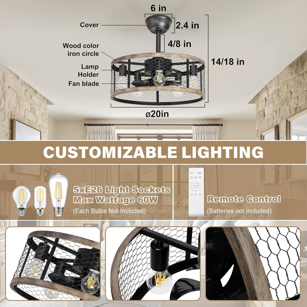 Ohniyou 20'' Caged Rustic Farmhouse Ceiling Fan with Lights Remote Control, Reversible Motor, 6 Speeds Ceiling Fan Light Fixture for Dining Room Bedroom