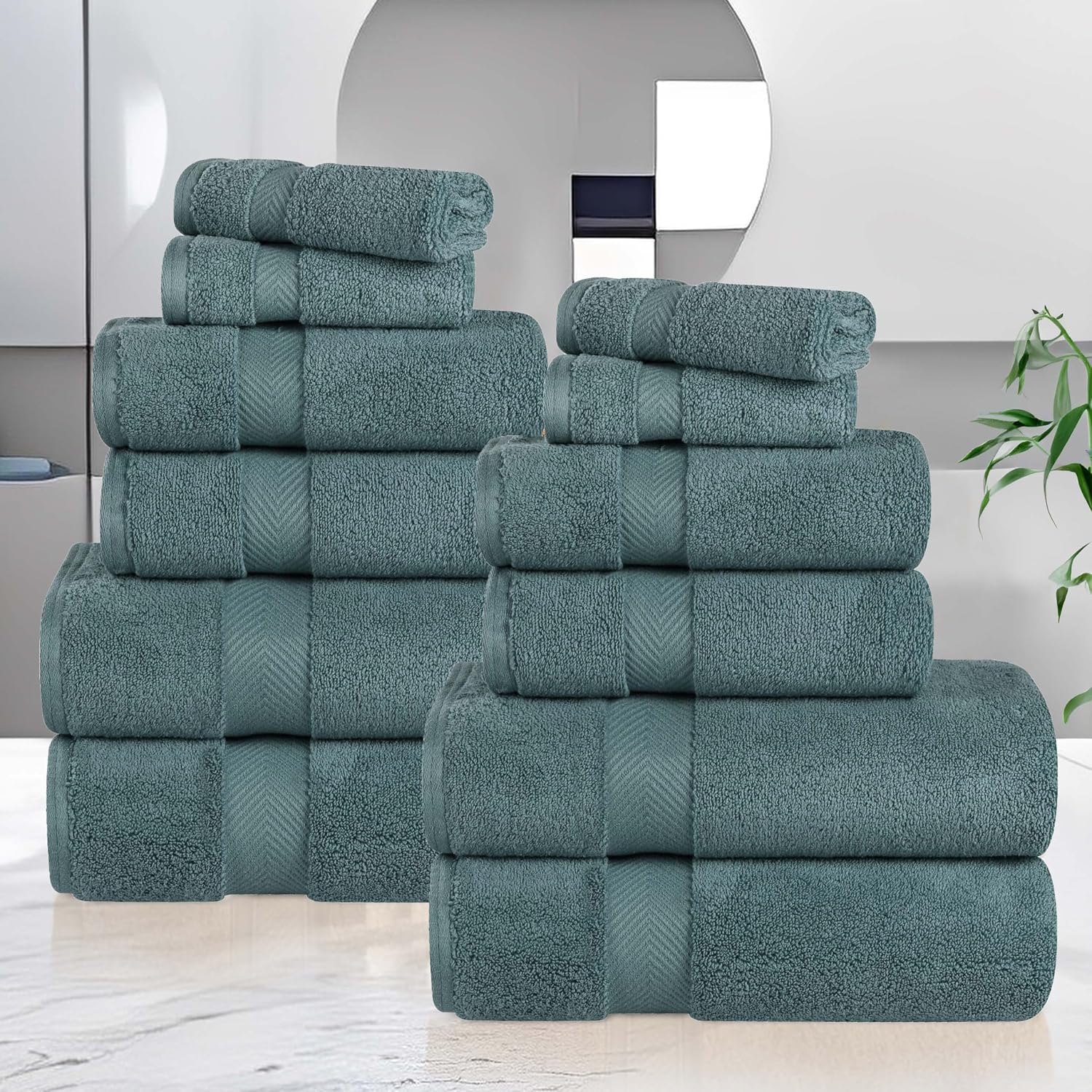 Superior Zero Twist Cotton 12 Piece Assorted Towel Set, Includes 4 Bath, 4 Hand, 4 Washcloth/Face Towels, Quick Dry, Home Essentials, Shower, Spa, Luxury Plush Soft Absorbent Towels, Jade Green