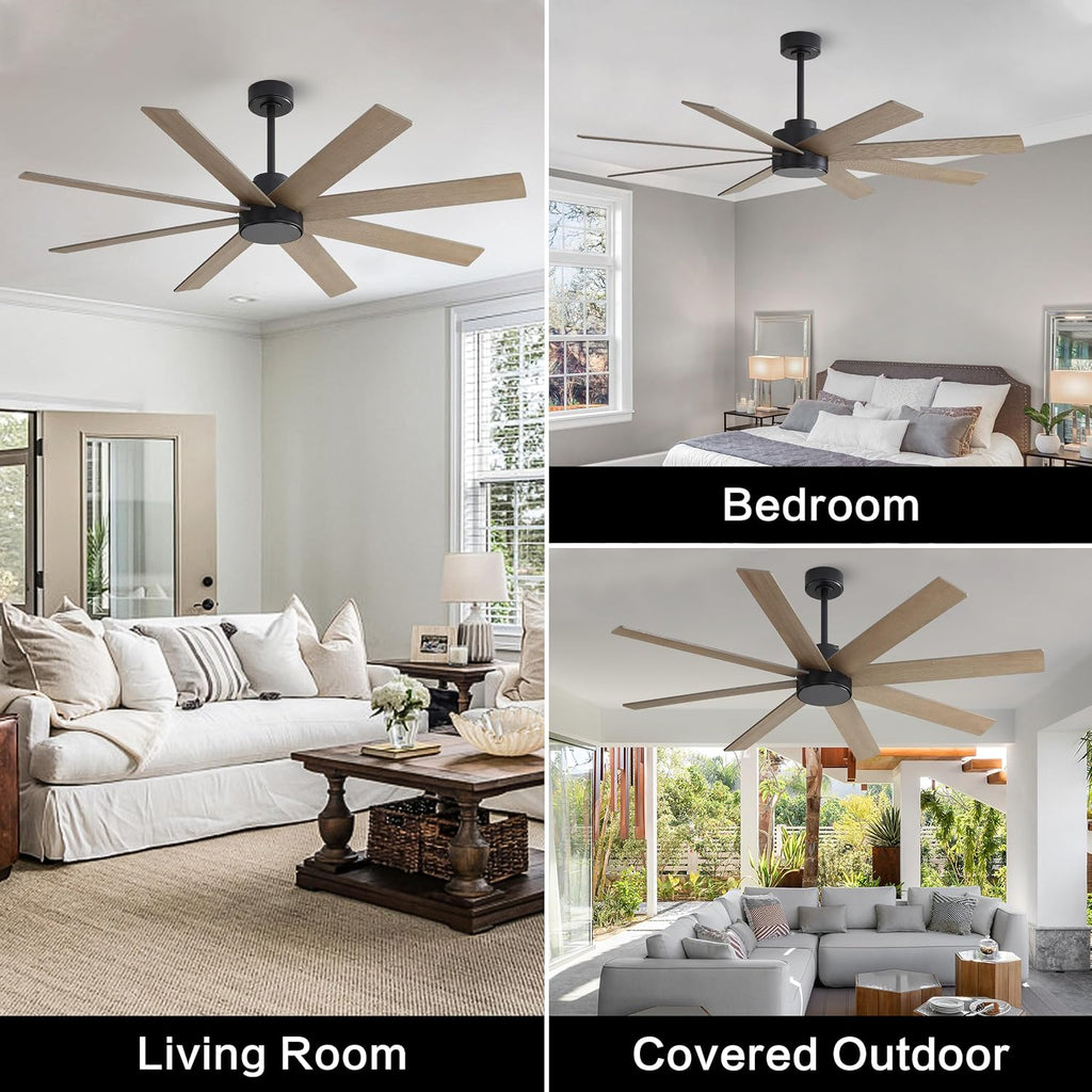 WINGBO 60' Large DC Ceiling Fans without Lights, 3 Downrods, 8 Plywood Blades, 6-Speeds Reversible DC Motor, Indoor Ceiling Fan No Lights for Bedroom Living Room Patio, Black and Gray