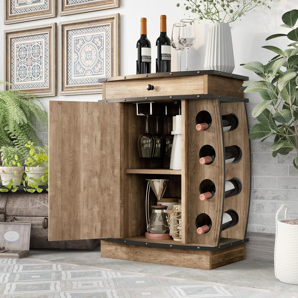 24/7 Shop at Home Delia Vintage 8 Bottle Small Wine Cabinet with Storage, Indoor Home Bar Furniture, Glass Holder, Drawer, Adjustable Shelf for Kitchen, Living Room, Apartment, Dining Room, Oak Brown