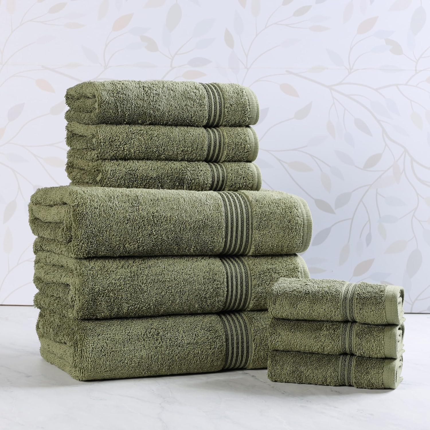 Superior Egyptian Cotton 9-Piece Towel Set, Assorted Towels, Home Bathroom, Master, Guest Bath, Decor Essentials, Includes 3 Bath, 3 Hand, 3 Face Towels/Washcloths, Quick Dry, Absorbent, Forest Green