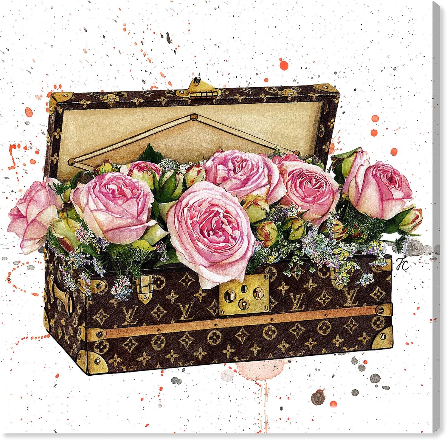 The Oliver Gal Artist Co. Fashion and Glam Wall Art Canvas Prints 'Doll Memories-Trunk Full of Flowers' Travel Essentials Home Décor, 30 in x 30 in, Pink, Brown