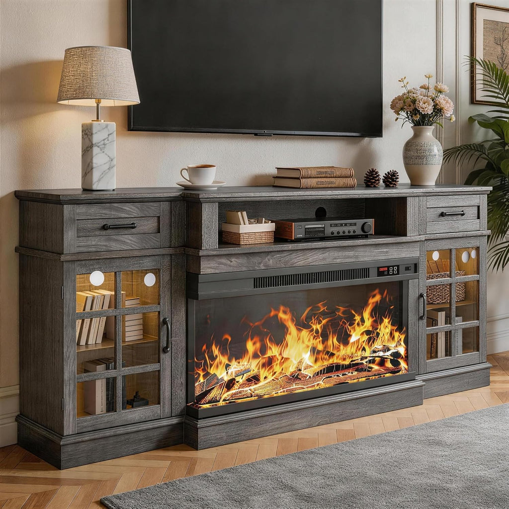 MXV 70' Fireplace TV Stand, 3-Sided Glass Fireplace and Modern Entertainment Center, Wooden Media Console with Glass Doors & Storage Drawers, LED Light, for Living Room, Grey