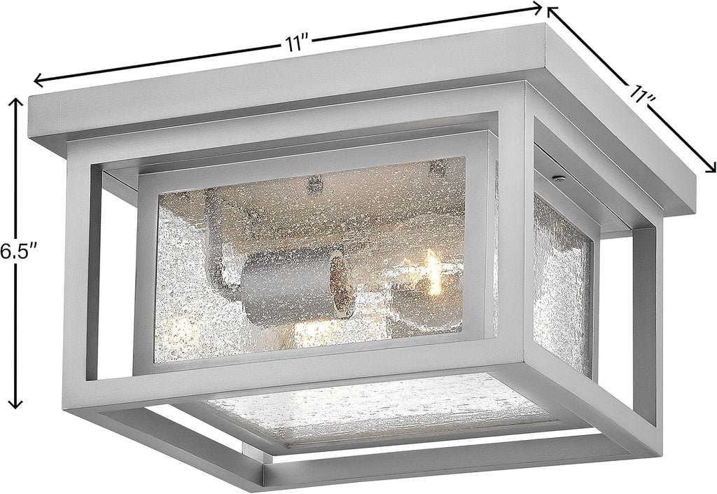 Hinkley Republic Small Flush Mount Outdoor Ceiling Light, Composite, Clear Seedy Glass Panes, Anti-Fading Finish, Satin Nickel Finish