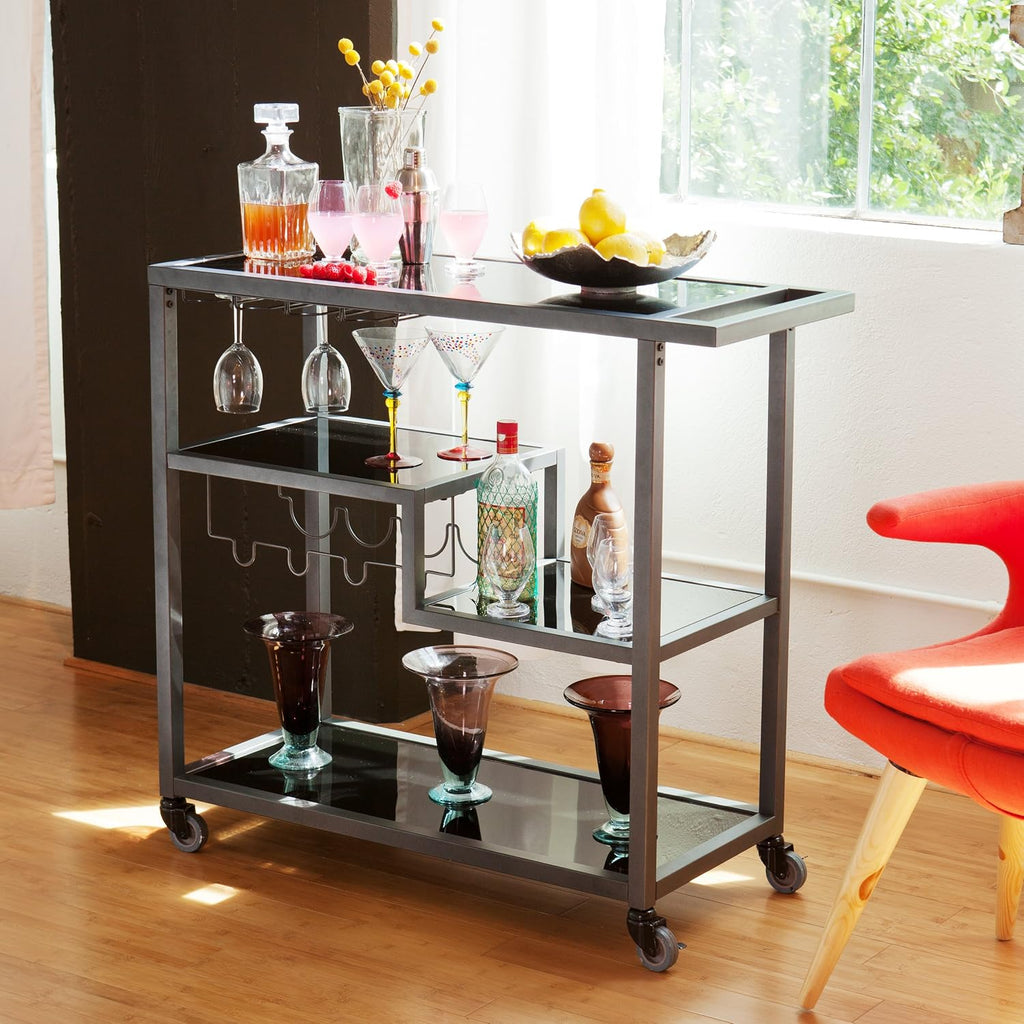 SEI Furniture - Holly & Martin Zephs Bar Cart - Grey - Iron Metal & Tempered Glass - Modern Design - Ideal for Living Rooms, Dining Rooms, Home Bars, 40' W x 16' D x 37.5' H (HZ8810)