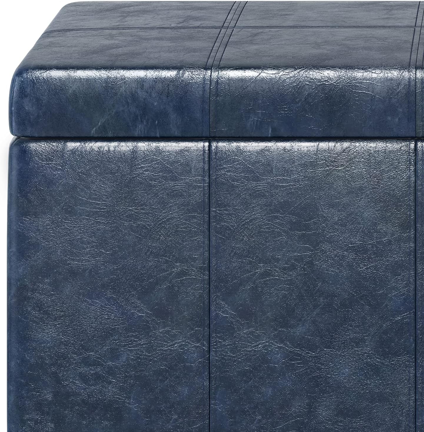 SIMPLIHOME Dover Storage Ottoman Bench - 36 inch Wide Upholstered Vegan Leather Rectangular Lift-Top Ottoman in Denim Blue, Contemporary Bench for Living Room with Safety Hinges