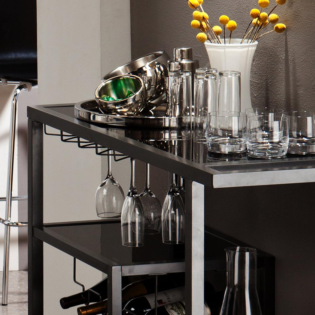 SEI Furniture - Holly & Martin Zephs Bar Cart - Grey - Iron Metal & Tempered Glass - Modern Design - Ideal for Living Rooms, Dining Rooms, Home Bars, 40' W x 16' D x 37.5' H (HZ8810)