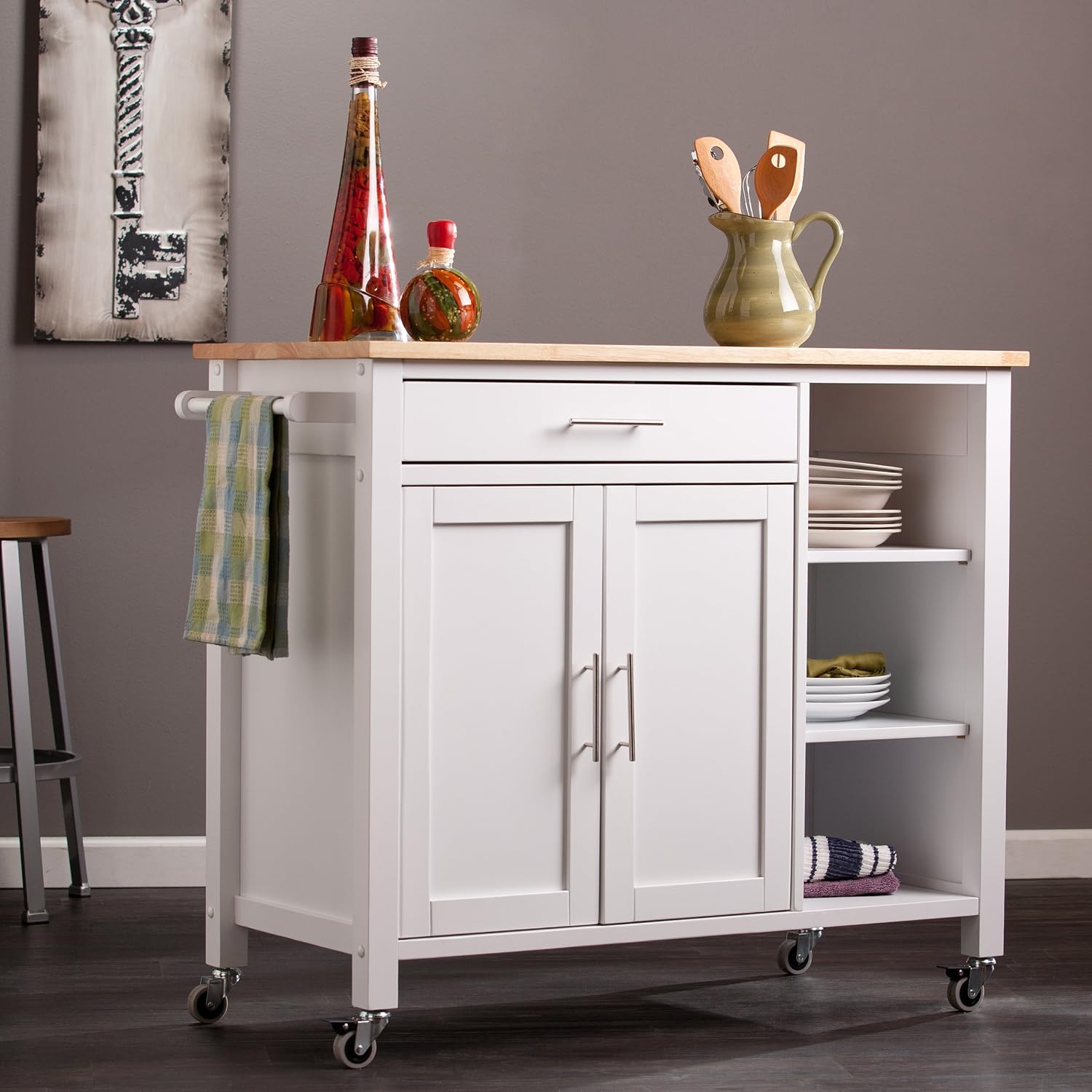 SEI Furniture - Martinville Kitchen Cart - White - Engineered Wood & Iron Metal - Transitional Design - Ideal for Kitchens, Kitchen Islands, Dining Rooms, 42' W x 19' D x 35' H (KA3277)