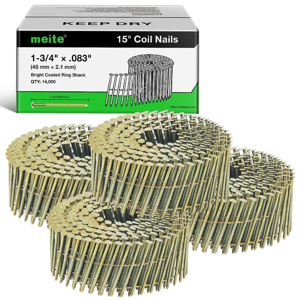 meite Siding Nails 1-3/4 Inch 15 Degree Ring Shank Coil Nails for Siding Nailer Gun, Full Round Head Wire Collated Coil Nails for Vinyl Siding Wood Pallets Fencing Decking Roof Sheathing 14,000PCS