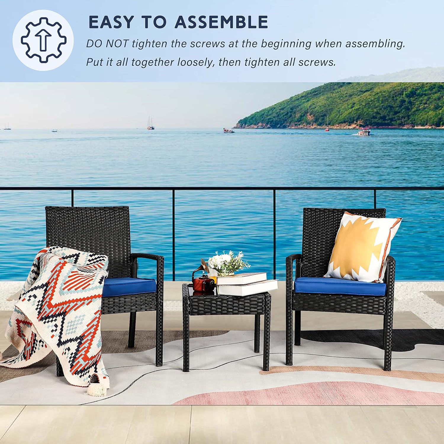 3 Piece Outdoor Patio Furniture Sets, Rattan Conversation Set with Soft Cushion, Wicker Chairs with Coffee Table for Yard Backyard Lawn Porch Poolside Balcony, Blue