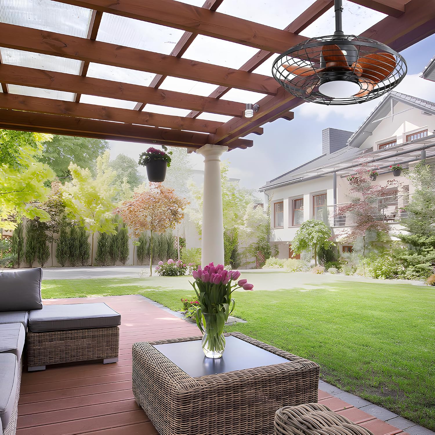 Havemies 20 Inch Outdoor Downrod Mount Ceiling Fan with 18W 3CCT LED Light, 5 ABS Blades & DC Motor, Damp-Rated Reversible Hanging Fan with Hook for Patio, Pergola, Gazebo, and Covered Porch