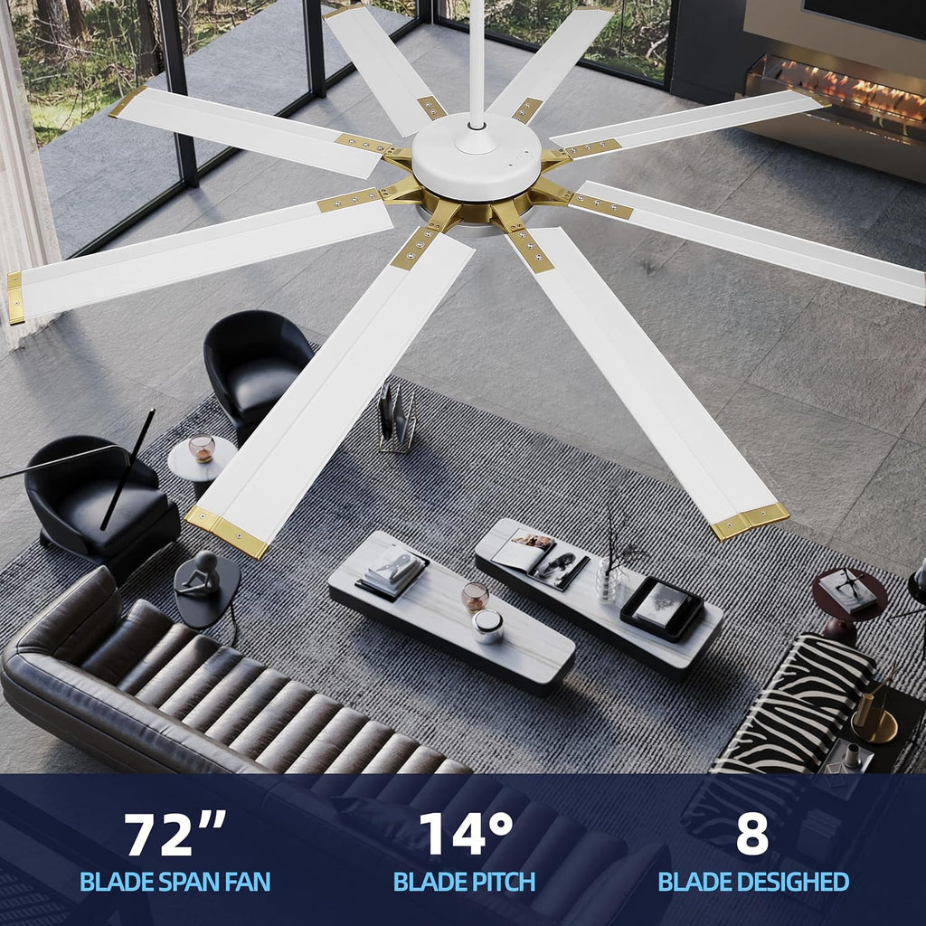 WINGBO 72' Large Industrial Ceiling Fans No Lights, 8 Aluminum Blades, 6-Speed Powerful Brushless DC Motor Reversible, High Volume 9760 CFM at 129 RPM, Commercial and Residential, Brass and White