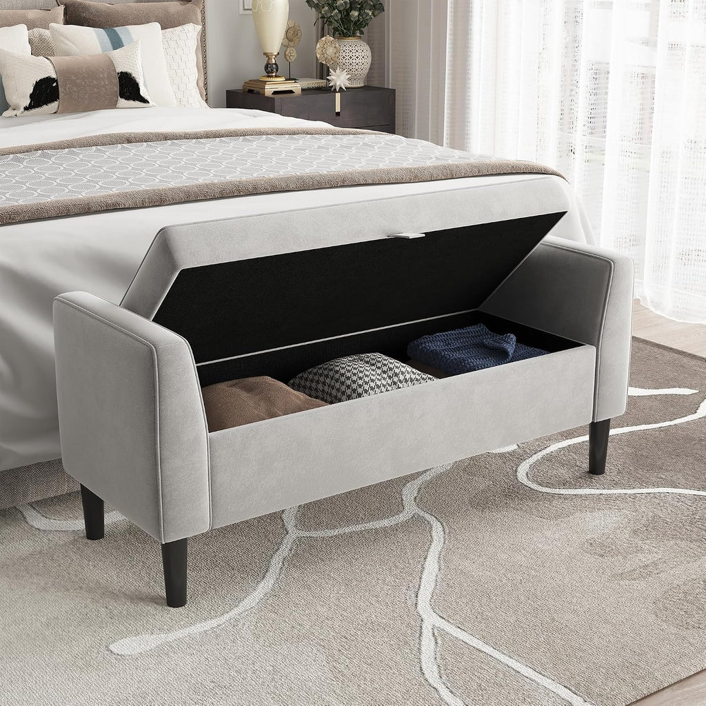 46.5 in Storage Ottoman Bench – Upholstered End-of-Bed Storage Chest with Rolled Armrests & Wood Legs, Entryway Shoe Bench and Footrest Seat for Hallway, Bedroom & Living Room& Walk-in Closet (Gray)