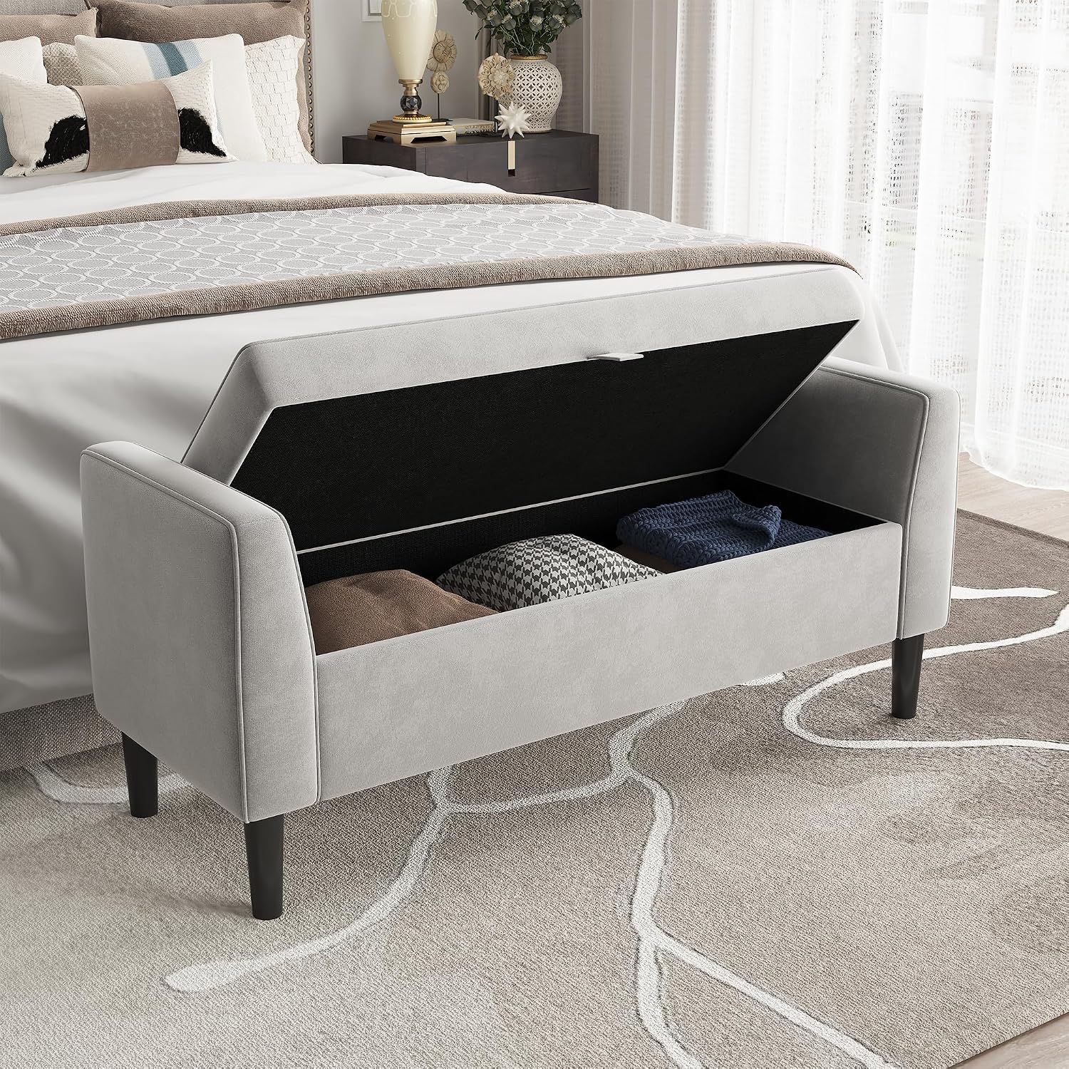 46.5 in Storage Ottoman Bench – Upholstered End-of-Bed Storage Chest with Rolled Armrests & Wood Legs, Entryway Shoe Bench and Footrest Seat for Hallway, Bedroom & Living Room& Walk-in Closet (Gray)