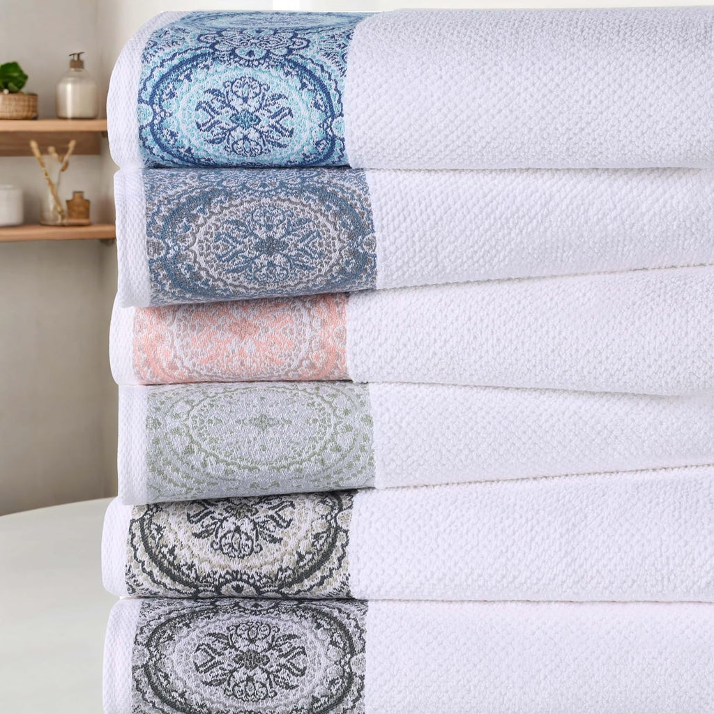Superior Medallion Cotton 12 Piece Assorted Towel Set, Absorbent, Textured, Quick-Dry, Shower, Spa Basics, Solid White, Color Border, Includes 2 Bath Towels, 5 Hand Towels, 5 Face Towels, White-Silver