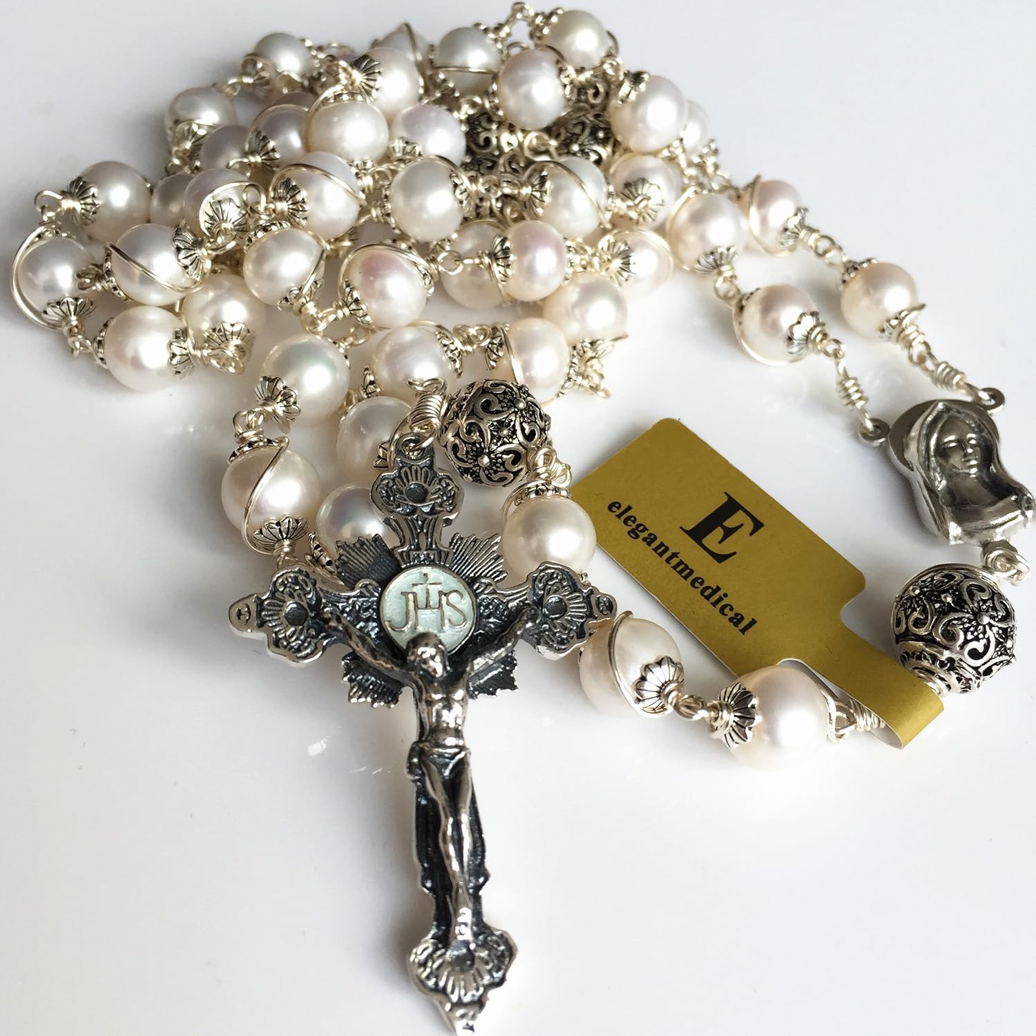 elegantmedical Wire Wraped Bali 925 Sterling Silver Pearl Beads Rosary Necklace Cross
