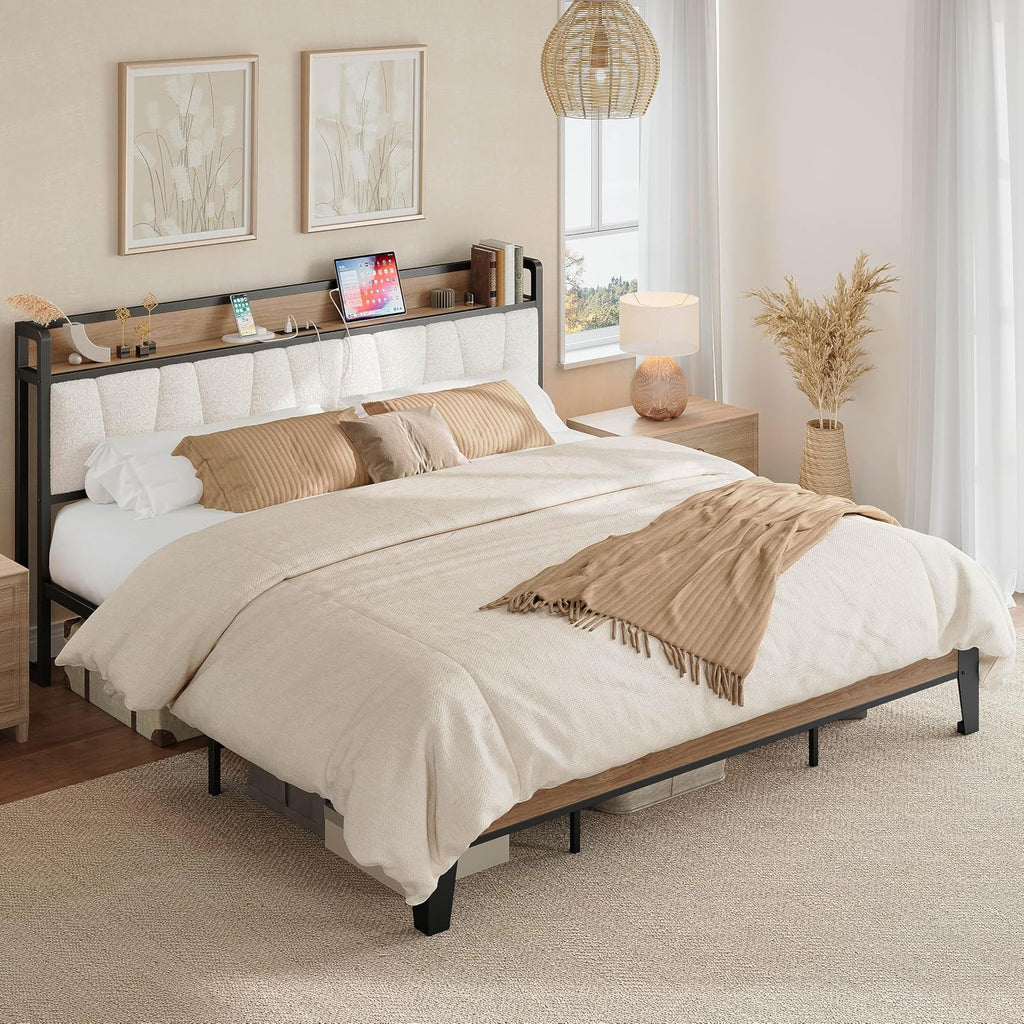 LIKIMIO King Bed Frames, Storage Headboard with Charging Station, Solid and Stable, Noise Free, No Box Spring Needed, Easy Assembly, Wood and Cream