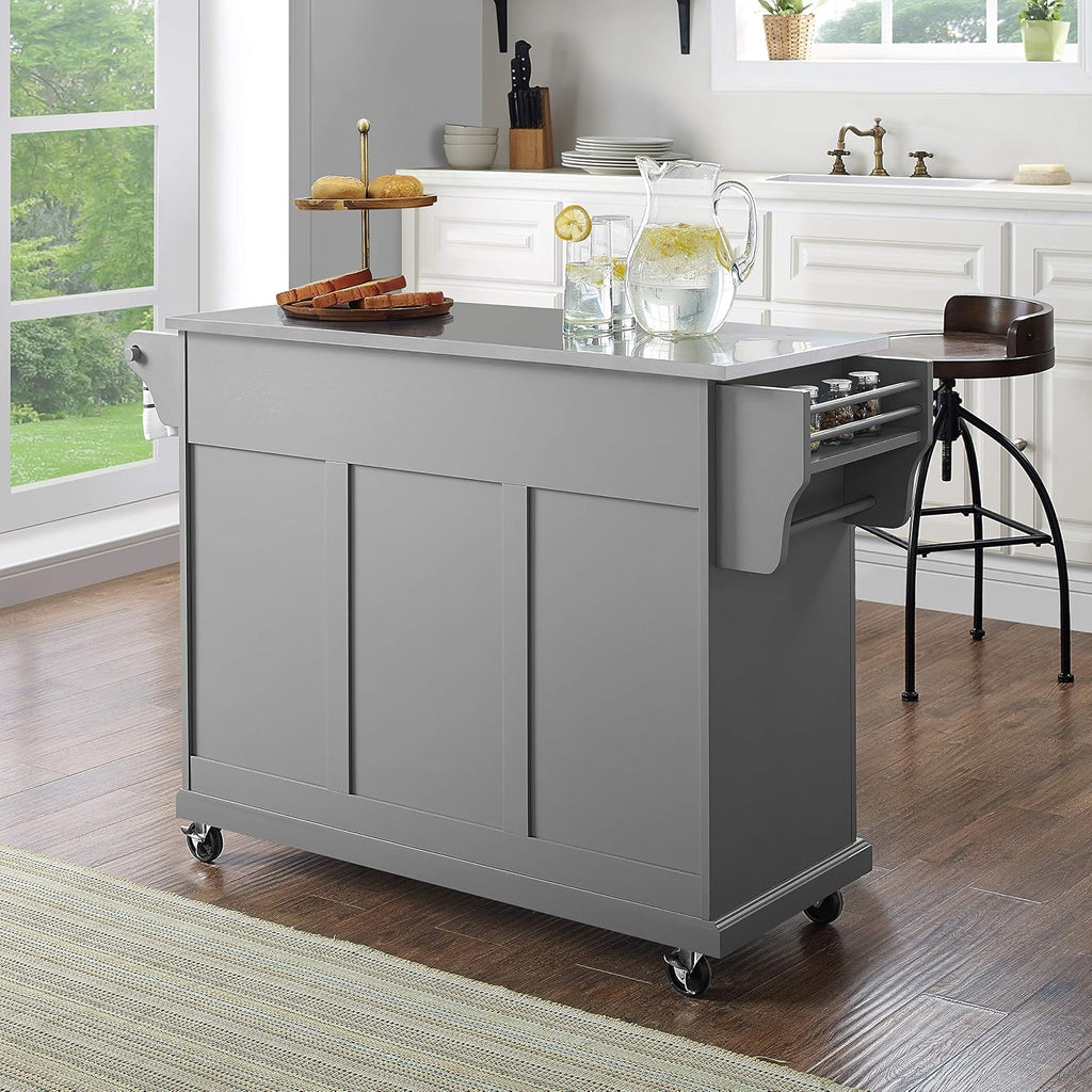 Crosley Furniture Full Size Stainless Steel Rolling Kitchen Island Storage Cart, Microwave Stand, Spice Rack, Gray